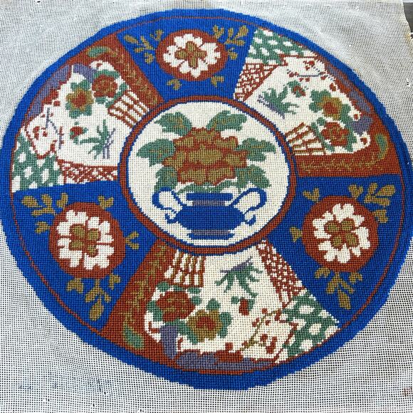 Vintage Round Floral Basket & Urn Needlepoint in Blue, Rust, & Ivory – Unframed - Picture 8 of 9